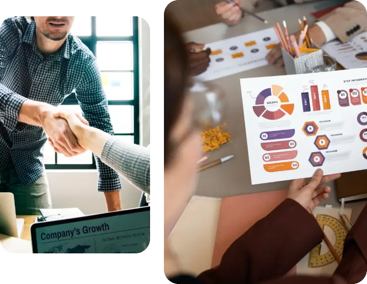 A handshake between two people in a bright office setting; a document with colorful graphs is displayed on the table A handshake between two people in a bright office setting; a document with colorful graphs is displayed on the table