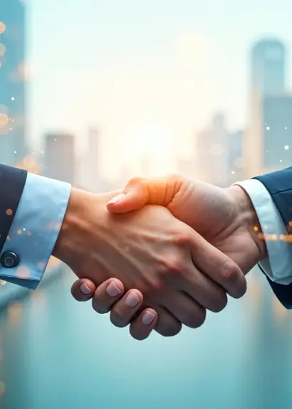 Two business professionals engage in a firm handshake, set against a blurred city skyline during sunset Two business professionals engage in a firm handshake, set against a blurred city skyline during sunset